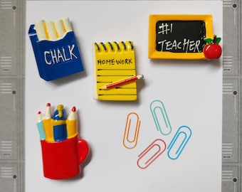Back to School Magnets: chalkboard, chalk, notebook, pencil mug, abc board (4-piece set)