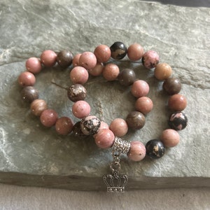 Pink bracelet set, Rhodonite bracelet set, Pink and black bracelet