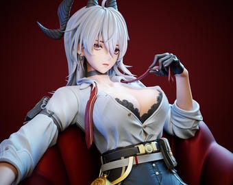 May include: A detailed 3D-rendered figurine of a character with white hair, black horns, and a white button-down shirt with a red tie. The character is wearing a black choker, black gloves, and a black belt with a gold-colored pocket watch. The figurine is seated on a red surface.