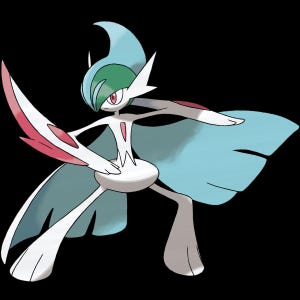 May include: A stylized illustration of a Gallade character. The figure has a white body, light blue cape-like extensions, and a green head crest. It wields a white blade with red accents and has red eyes.