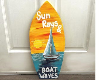 Hand-Painted Surfboard Wall Art: Nautical Sunset Sailboat Decor