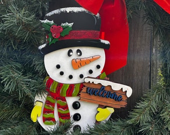 Winter Snowman Welcome Sign Decor | Adorable Seasonal Wreath Attachment | Gift for Mom