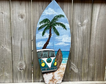 Hand Painted Vintage Coastal Hippie Beach Van Surfboard | 1960s Inspired