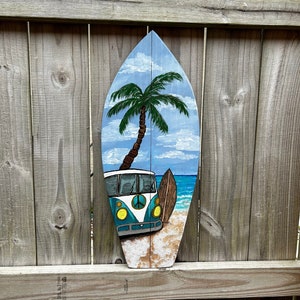 surfboard front porch decor | vintage VW bus art sign | summer beach welcome sign | surfboard decoration | housewarming gift