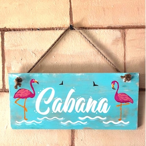 Front Door Decor | Wood Cabana Sign | Coastal Wreath Attachment | Tropical | Coastal Patio Decoration | Rectangle Sign | Aqua and Pink| Gift