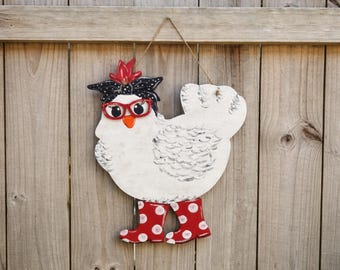 Hand Painted Chicken Diva Door Hanger: Whimsical Farmhouse Decor