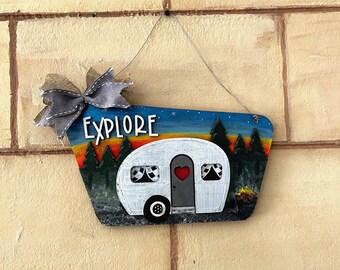 3D Wood Airstream Camper Wall Decor: Rustic Campfire Scene