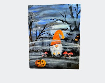 Halloween gnome wall art | spooky fall wood decor | original painting