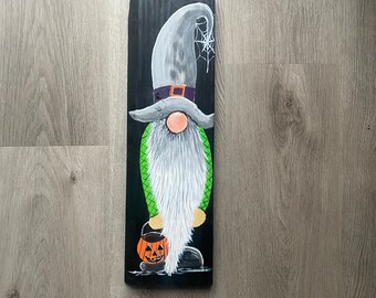 Halloween Gnome spooky trick or treat porch decor | holiday character art | pumpkin wood sign