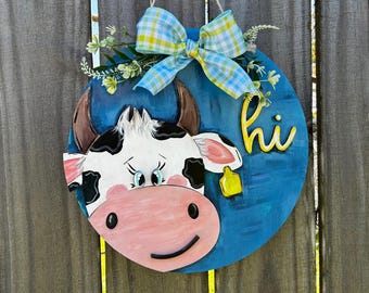 Hand Painted Cow Welcome Sign: Farmhouse Front Door Decor