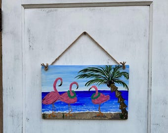 whimsical flamingo sign for beachy vibes | tropical home decor | coastal door hanger
