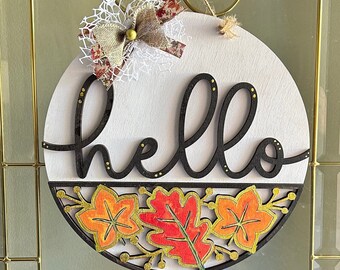 Fall Welcome Sign: 12" Thanksgiving Door Hanger with Autumn Leaves