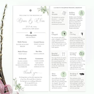 May include: A wedding ceremony program with a green and white floral design. The program includes the names of the bride and groom, Dana and Elan, the date of the wedding, July 28, 2023, and the location, Livingston, New Jersey. The program also includes a guide to the Jewish wedding ceremony, with descriptions of the different traditions and rituals.