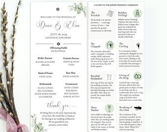 Jewish Wedding Program Template, Jewish Explanation, Judaica Icons, green leaves watercolor program,  Religious Wedding Program Guide