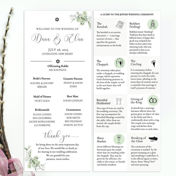 Jewish Wedding Program Template, Jewish Explanation, Judaica Icons, green leaves watercolor program,  Religious Wedding Program Guide