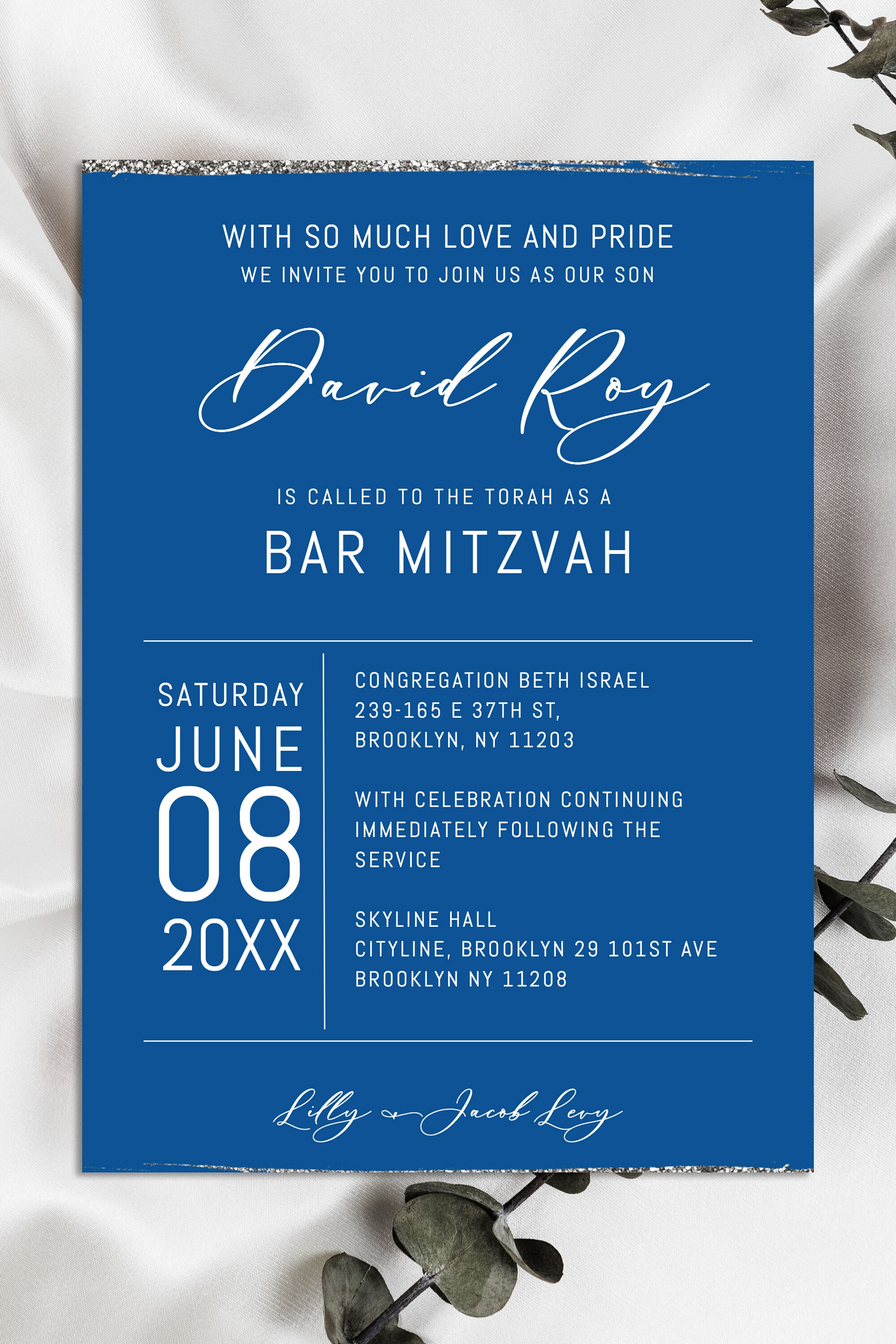 Bar Mitzvah / Bat Mitzvah Invitation Template, RSVP and Thank you card, Silver Foil Star Of David Silver glitter, Instant Download, Editable