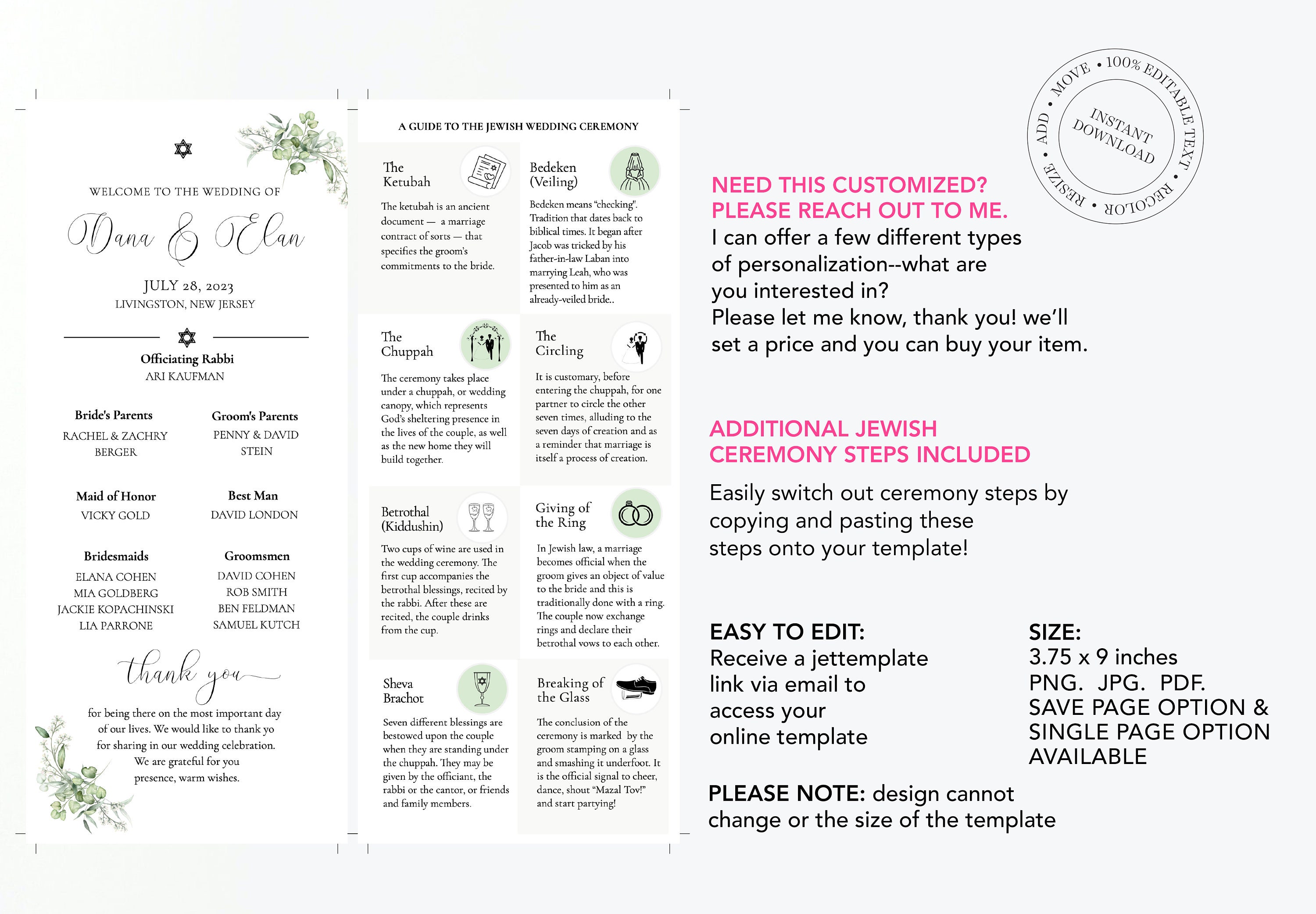 Jewish Wedding Program Template Jewish Explanation Judaica Etsy Canada