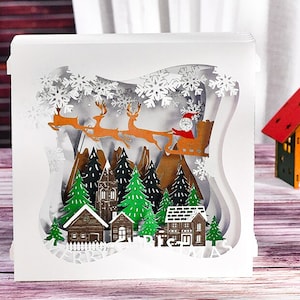 10er-Pack 3D-Weihnachtskarte Urlaub Pop-Up-Neujahrskarten Frohe Weihnachten Grußkarten, weiße Weihnacht, verschneite Nacht, Nikolaus-Schlitten