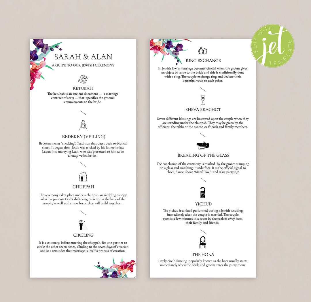 Jewish Minimal Wedding Program Template, Watercolor Flowers, Jewish Jewish Minimal Wedding Program Template, Watercolor Flowers, Jewish