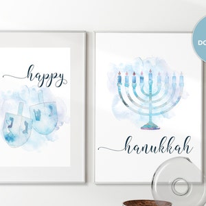 A set of 2 Digital Prints, Happy Hanukkah Printable Wall Art, Hanukkah Menorah Decor, Hanukkah gift, Watercolor Dreidel, Digital Print