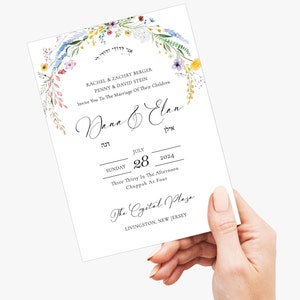 Set de invitación de boda judía, invitación hebrea, colección de flores de acuarela, RSVP, tarjeta de agradecimiento, invitación judía de bricolaje imprimible