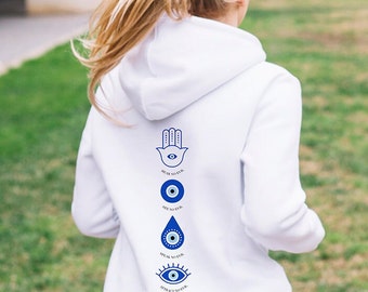 2-seitiges Evil Eye Sweatshirt, Lucky Evil Eye Hoodie, Trendy Kleidung All Seeing Eye Sweater, Protect Your Energy Evil Eye Shirt
