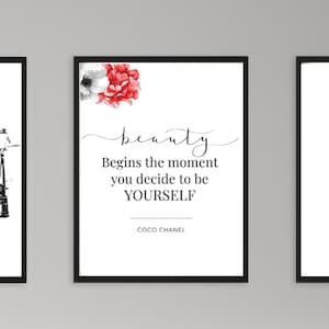 A set of 3 fashion prints, Fashion wall art, eau de perfume art, Coco quote, Red Fashion Dress, Watercolor Flowers
