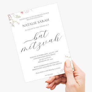 EDYTOWALNY Elegancki szablon zaproszenia na Bat Micwę, Kwiatowe zaproszenie na Bat Micwę do druku, Karta RSVP Bat Micwa, Karta z podziękowaniami