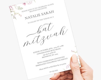 EDITABLE Elegant Bat Mitzvah Invitation Template, Floral Printable Bat Mitzvah Invitation, RSVP Card Bat Mitzvah, Thank you card