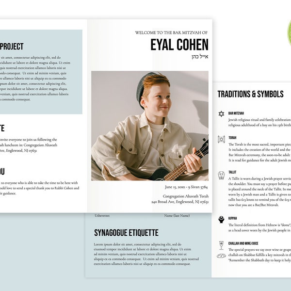 Jüdische Zeremonie Bat / Bar Mitzwa-Programme Moderne, bearbeitbare jüdische Bar / Bat Mitzwa-Vorlage, zweifaches Programm Infografik, jüdische Traditionen