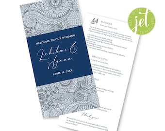May include: A wedding program with a blue and white paisley design. The program includes the names Lakshmi & Ayann, the date April 14, 20XX, and details about the wedding ceremony, including the Saptapadi and Mangalsutra traditions.