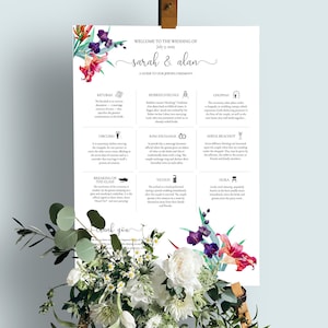 JEWISH Wedding program welcome sign Fully editable template, Watercolor Flowers Wedding Sign, Minimal Program Welcome Sign Template 18x24&quot;