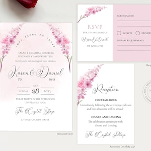 Jewish Wedding Invitation Set, Hebrew Invitation, Rose watercolor collection, RSVP, Save the Date, Details, Printable DIY Jewish Invitation