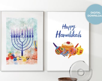 Set of 2 Happy Hanukkah Printable Wall Art, Hanukkah Candles Decor, Hanukkah gift, Hanukkah print, Colorful Dreidels, Watercolor Manora