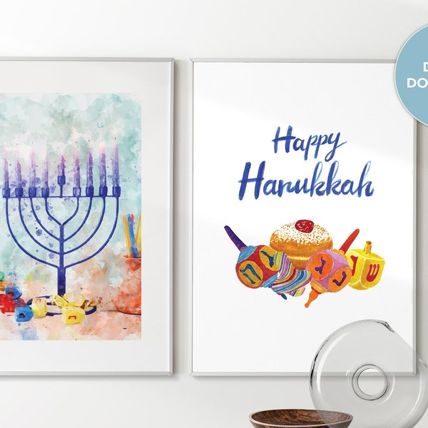 Set of 2 Happy Hanukkah Printable Wall Art, Hanukkah Candles Decor, Hanukkah gift, Hanukkah print, Colorful Dreidels, Watercolor Manora