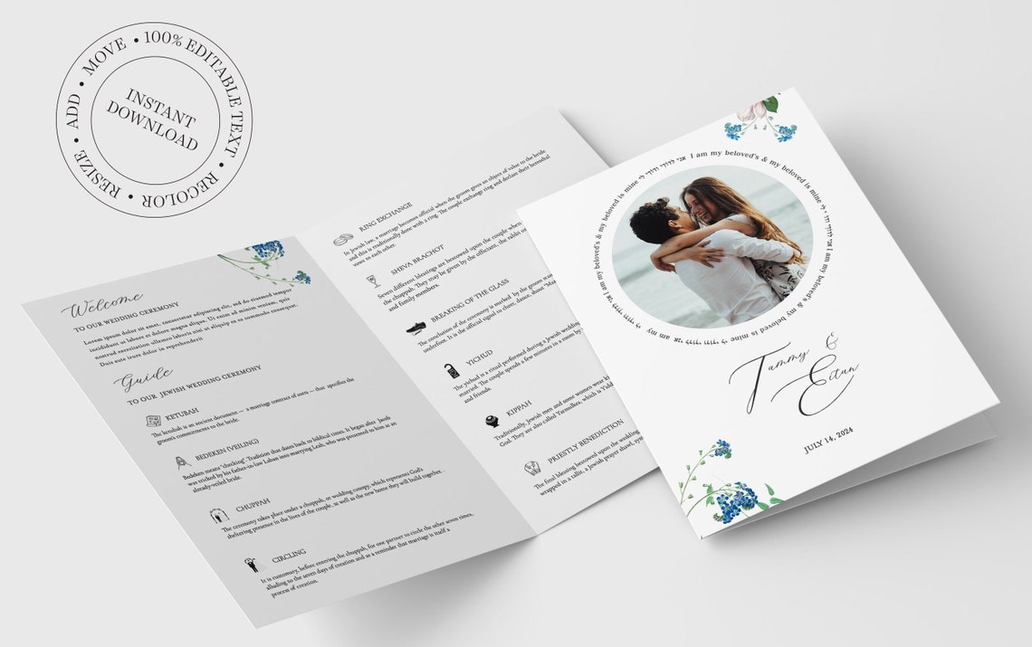 Photo Foldable Wedding Program Template, Jewish Minimal Program, Jewish ...