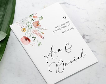 Jewish Wedding Program Infographic, Bifold Program, Editable Ceremony Template, Jewish Infographic Wedding Program, watercolor flowers