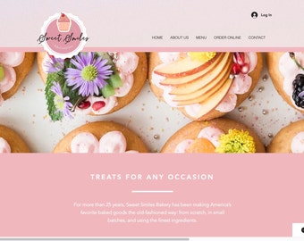May include: A website for a bakery called Sweet Smiles Bakery. The website features a pink background with a photo of various decorated donuts topped with fruit and flowers. The text "TREATS FOR ANY OCCASION" is displayed in white on the pink background. The website also features a "Let's Chat!" button.