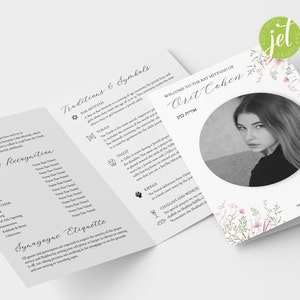A set of 3 editable templates, Jewish Ceremony Bat/Bar Mitzvah Bifold Program, Invite, RSVP card, Infographic, Jewish traditions, flowers