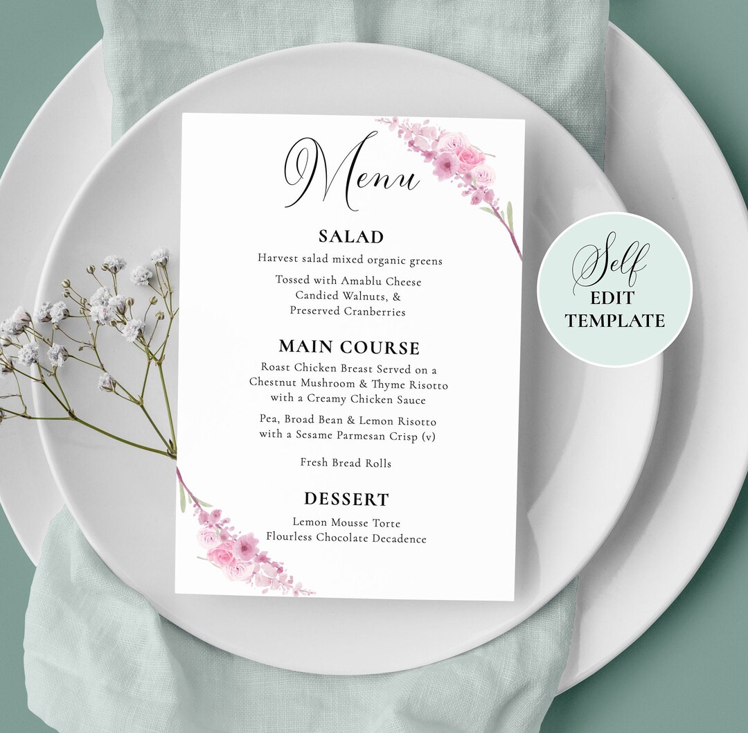 Menu Template, Rose Collection, Templett, Editable & Printable Instant ...