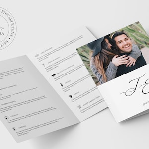 Vikbart bröllopsprogram med monogramfoto, judiskt minimalistiskt program, mall, judisk förklaring, judiska ikoner, guide till judisk ceremoni