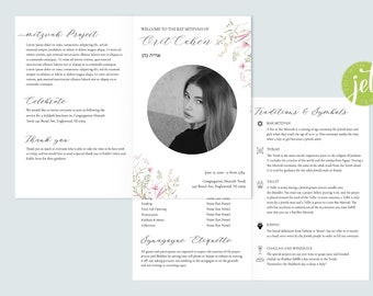Editable Jewish Bar/Bat Mitzvah Template, Flowers Jewish Ceremony Bat Mitzvah Programs Modern, Bifold Program Infographic, Jewish traditions