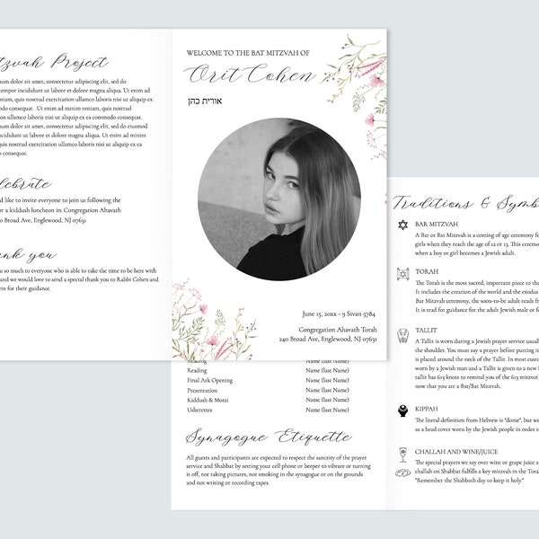 Editable Jewish Bar/Bat Mitzvah Template, Flowers Jewish Ceremony Bat Mitzvah Programs Modern, Bifold Program Infographic, Jewish traditions