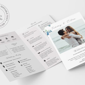 May include: A wedding programme with a light grey background and a floral design. The programme includes information about the ceremony, the wedding party, and the couple. The couple's names are Tammy & Ethan. The programme also includes a photo of the couple.