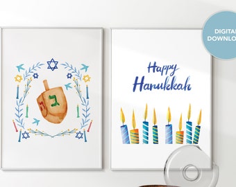 A set of 2 Digital Prints, Happy Hanukkah Printable Wall Art, Hanukkah Candles Decor, Hanukkah gift, Hanukkah print, Watercolor Dreidel