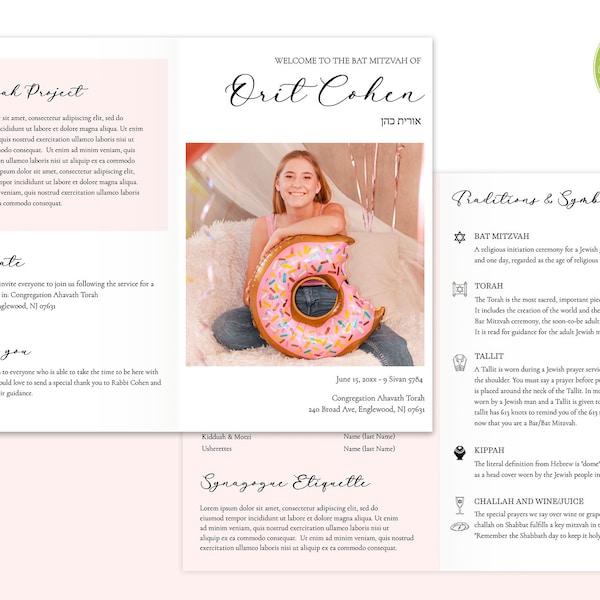 Editable Jewish Bar/Bat Mitzvah Template, Jewish Ceremony Bat/Bar Mitzvah Programs Modern, Bifold Program Infographic, Jewish traditions