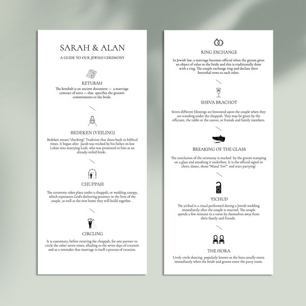 Jewish Minimal Wedding Program Template, Jewish Explanation, Judaica Icons, a guide to our Jewish ceremony, Religious Wedding Program