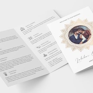 Programa de boda hindú elegante/mínimo editable, guía del programa de rituales de ceremonia de boda gujarati india, Mandela dorado con imagen