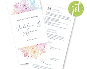 Instant Download Hindu Wedding Program, Indian Gujarati Wedding Ceremony Rituals Program Guide, Digital File, intricate Mandela design