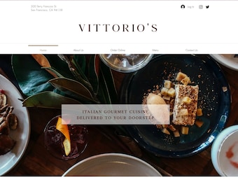 May include: A website homepage for Vittorio's Italian restaurant, featuring a photo of a table setting with plates of food, a drink, and a leafy green plant. The text "ITALIAN GOURMET CUISINE DELIVERED TO YOUR DOORSTEP" is displayed in the center of the image.
